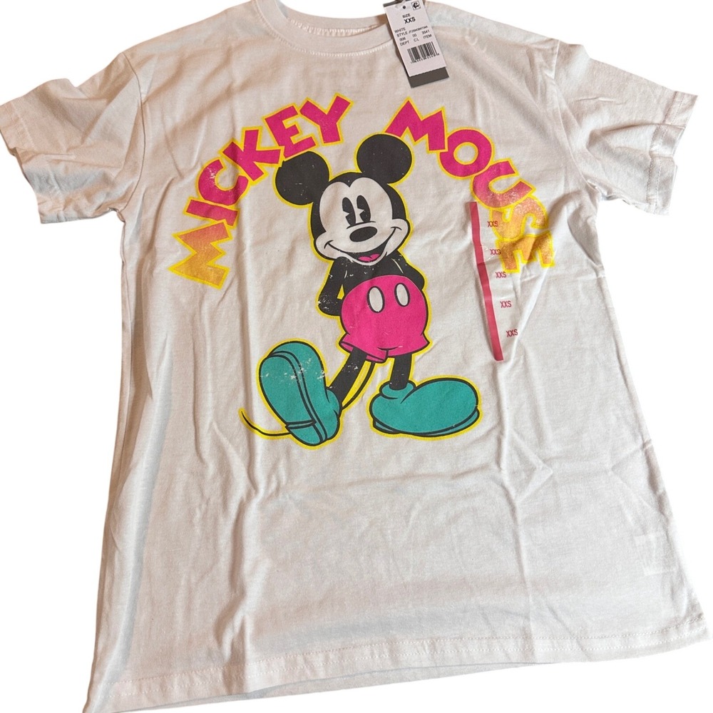 Disney Mickey Mouse White Retro Neon Graphic Tee Jerry Leigh Men's XXS NWT